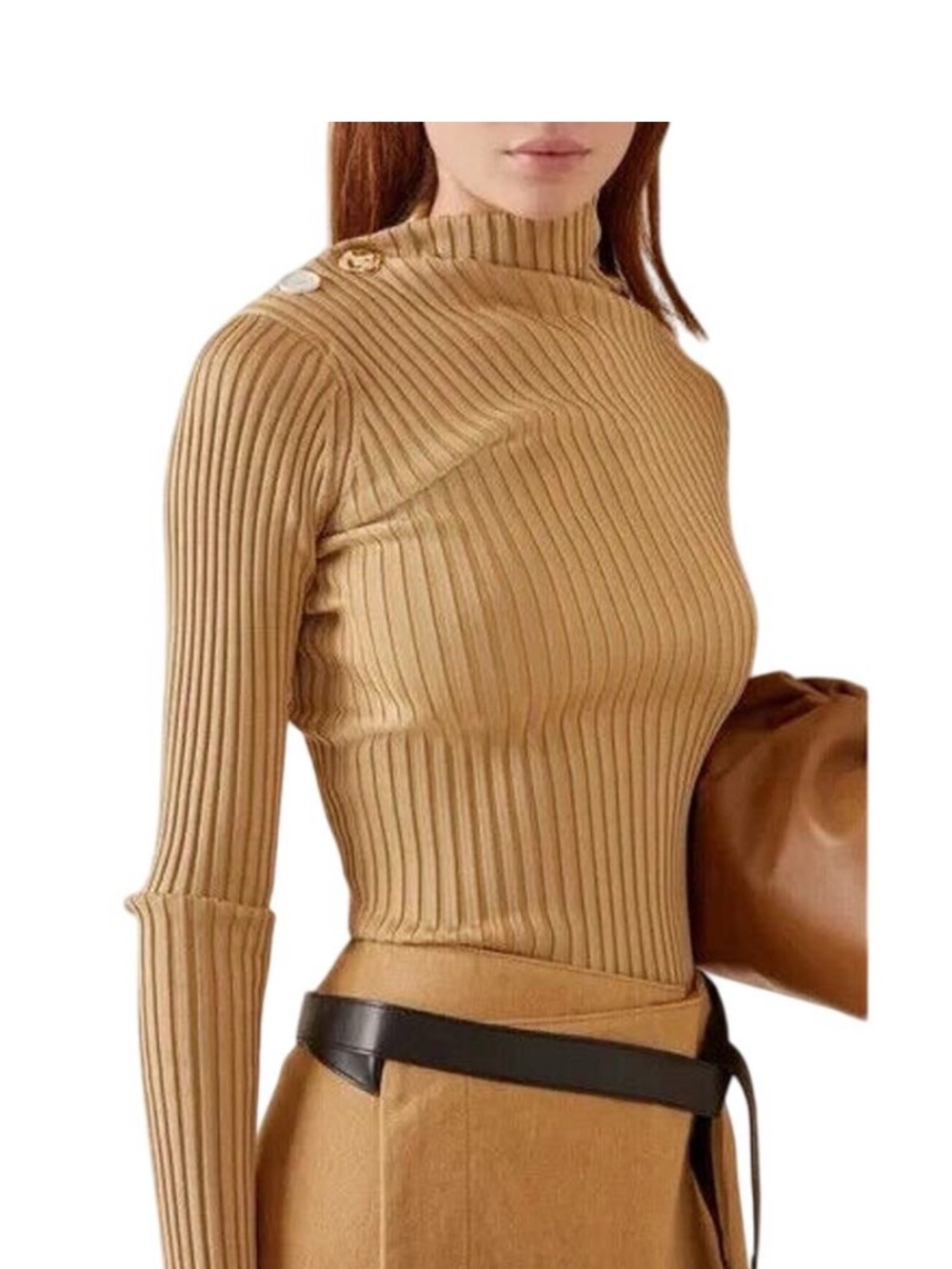 Proenza Schouler Ribbed Knit Mock Neck Sweater Camel Gold Buttons XS